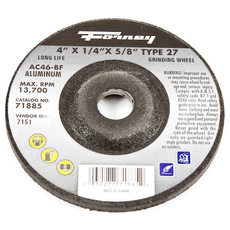Forney Grinding Wheel, Aluminum, Type 27, 4 in x 1/4 in x 5/8 in 71885
